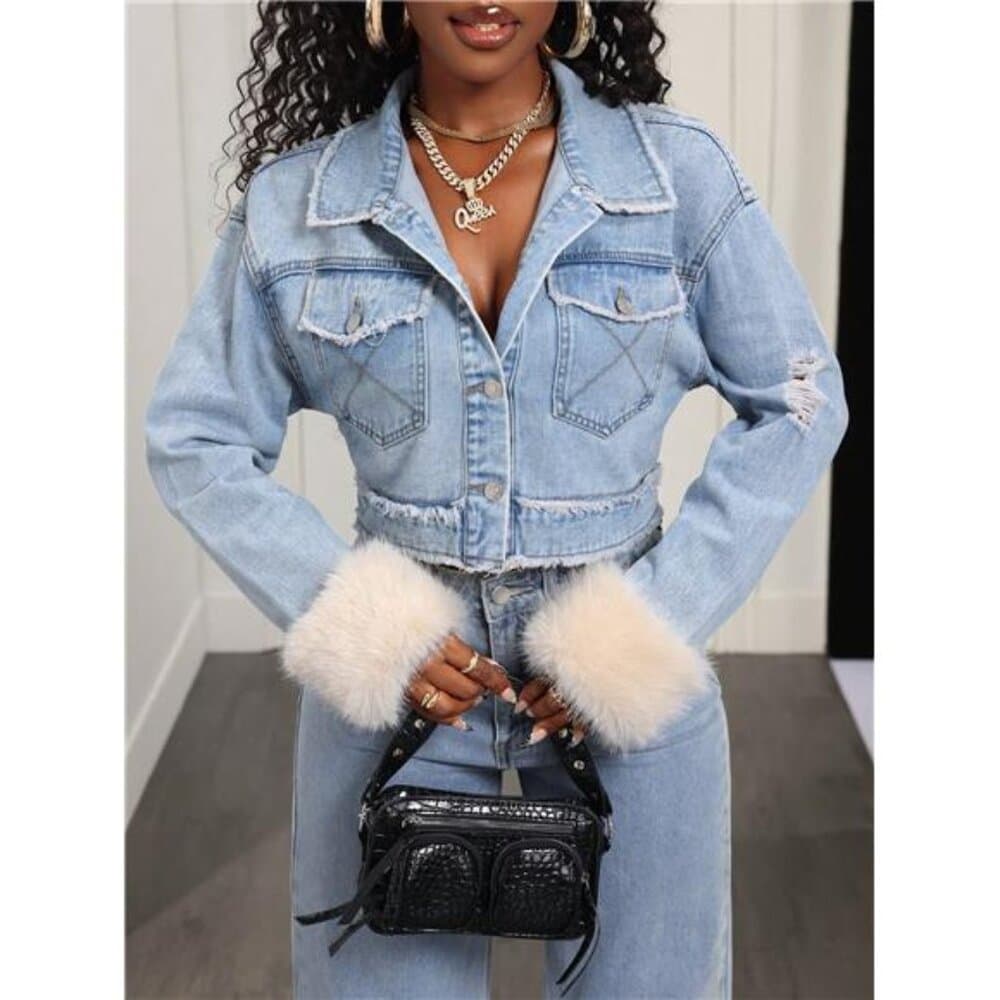 BamGleam Women's Denim Jacket With Detachable Faux Fur Patchwork, Vintage - Thumbnail 6