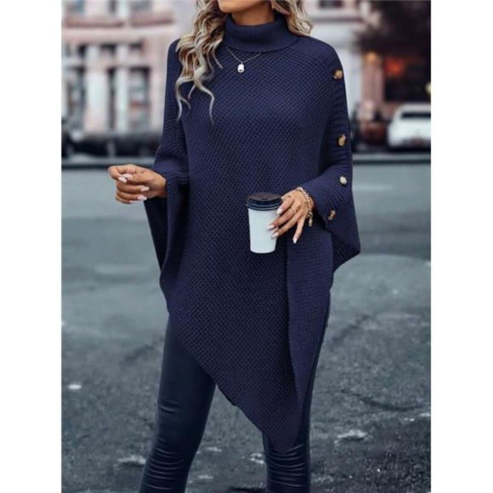 Turtleneck Batwing Sleeve Button Detail Asymmetrical Hem Knit Poncho - Thumbnail 2