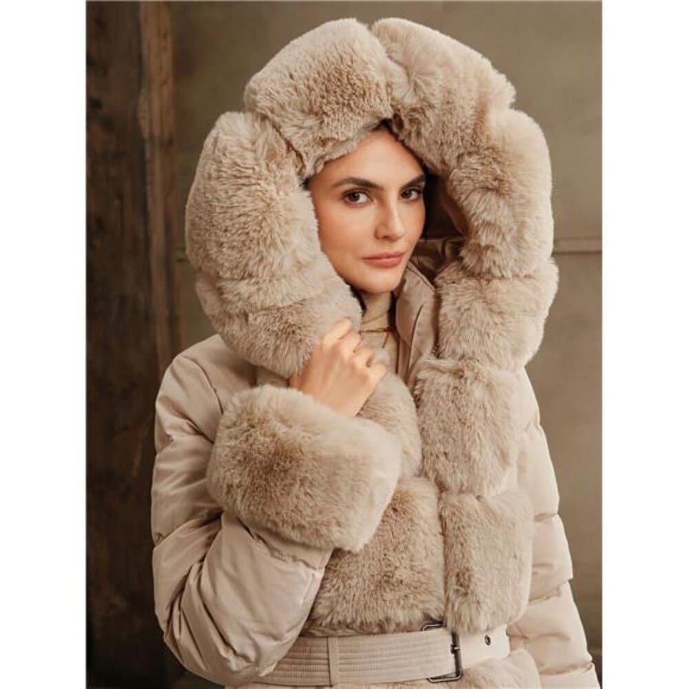 Thick Long Fluffy Fur Collar Quilted Women Jacket - Thumbnail 7
