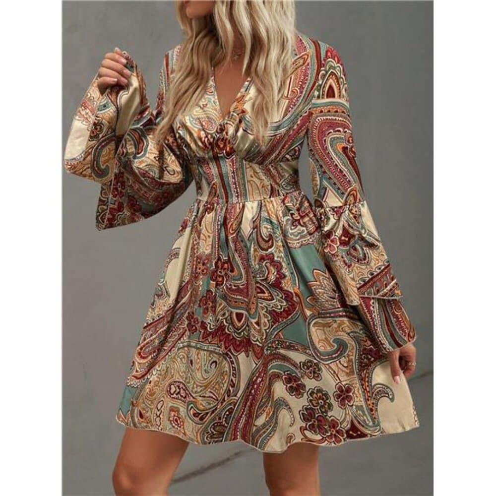 Paisley Print Flare Sleeve Dress - Thumbnail 2