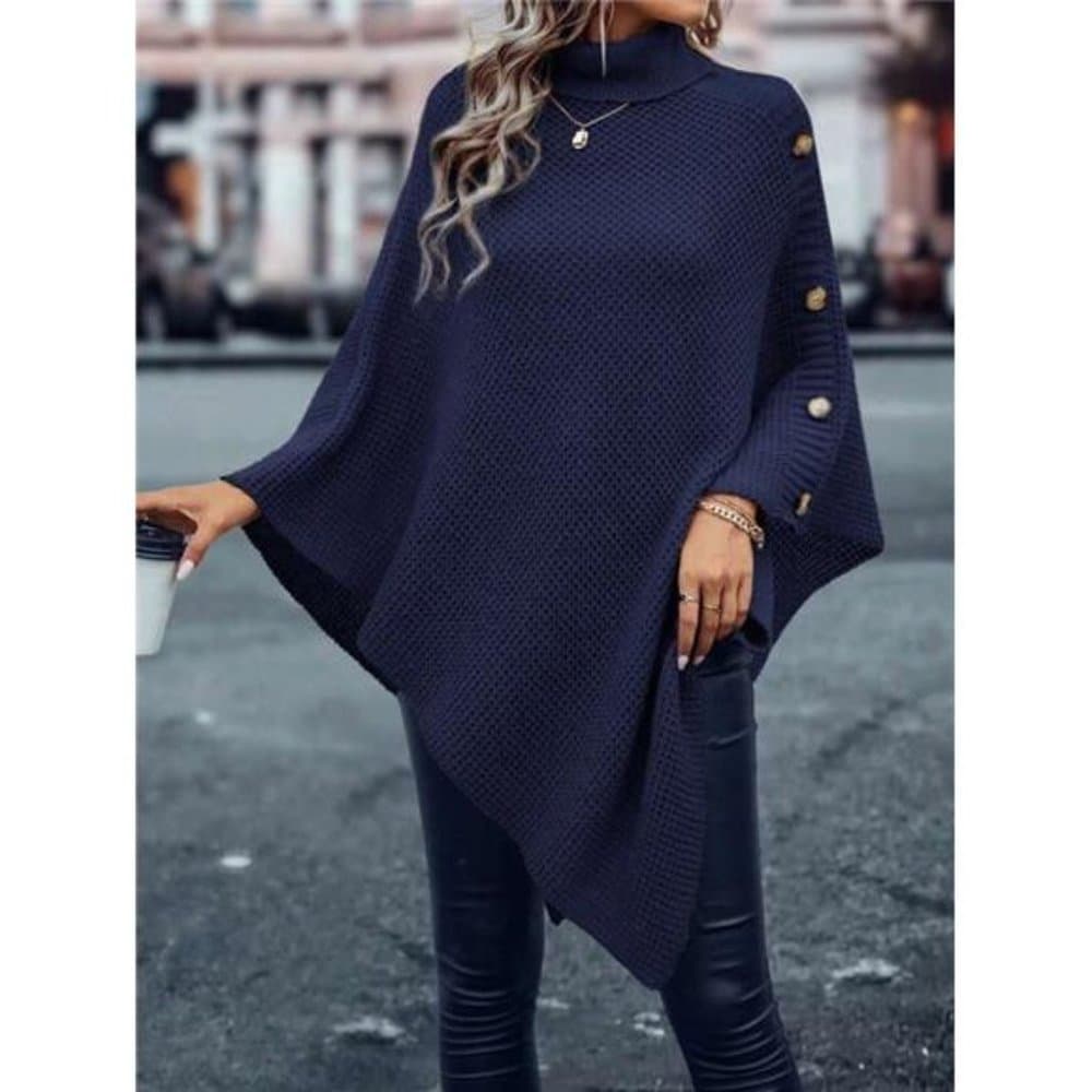 Turtleneck Batwing Sleeve Button Detail Asymmetrical Hem Knit Poncho - Thumbnail 6