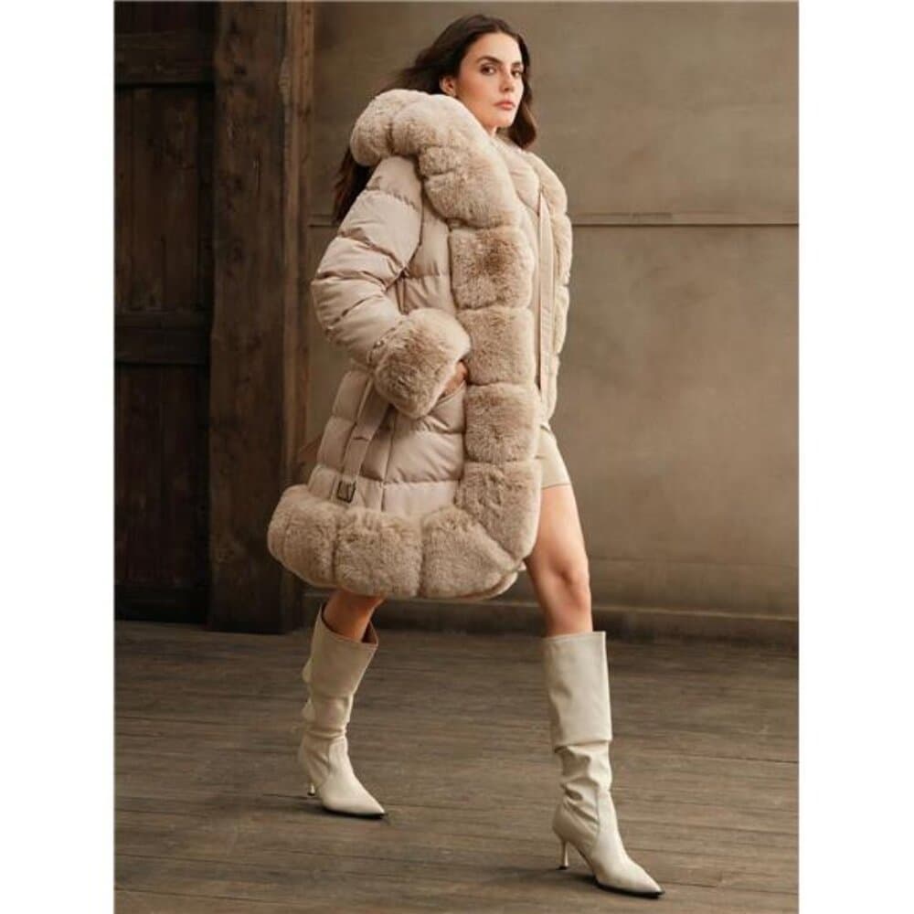 Thick Long Fluffy Fur Collar Quilted Women Jacket - Thumbnail 4