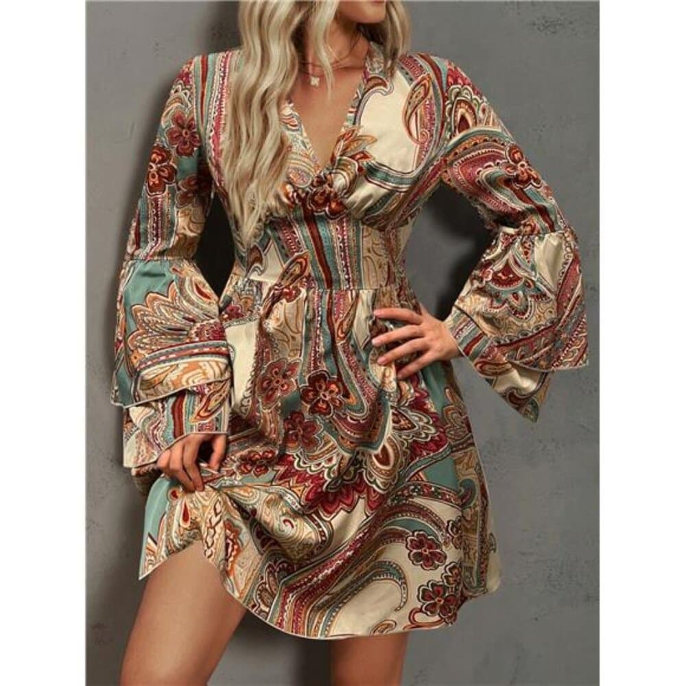 Paisley Print Flare Sleeve Dress - Thumbnail 3