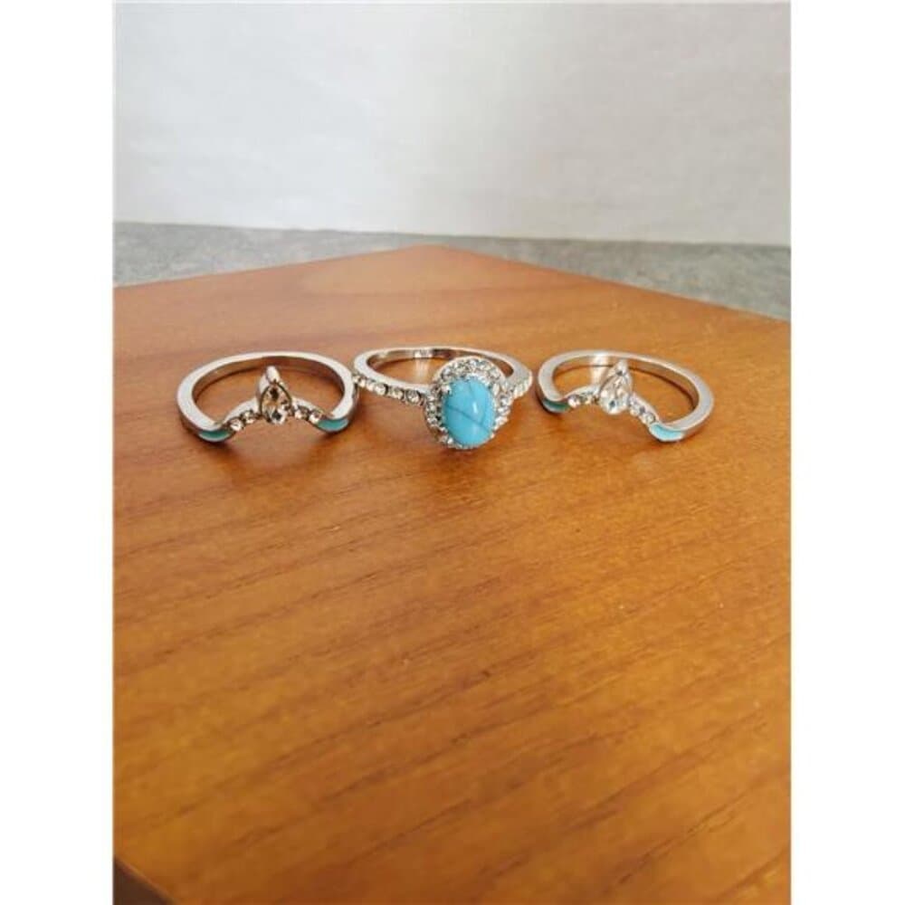 3pcs/Set Elegant Women's Cubic Zirconia Ring Set, Decorated With Turquoise, - Thumbnail 2