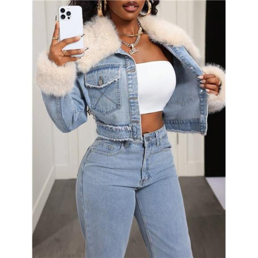 BamGleam Women's Denim Jacket With Detachable Faux Fur Patchwork, Vintage - Thumbnail 7