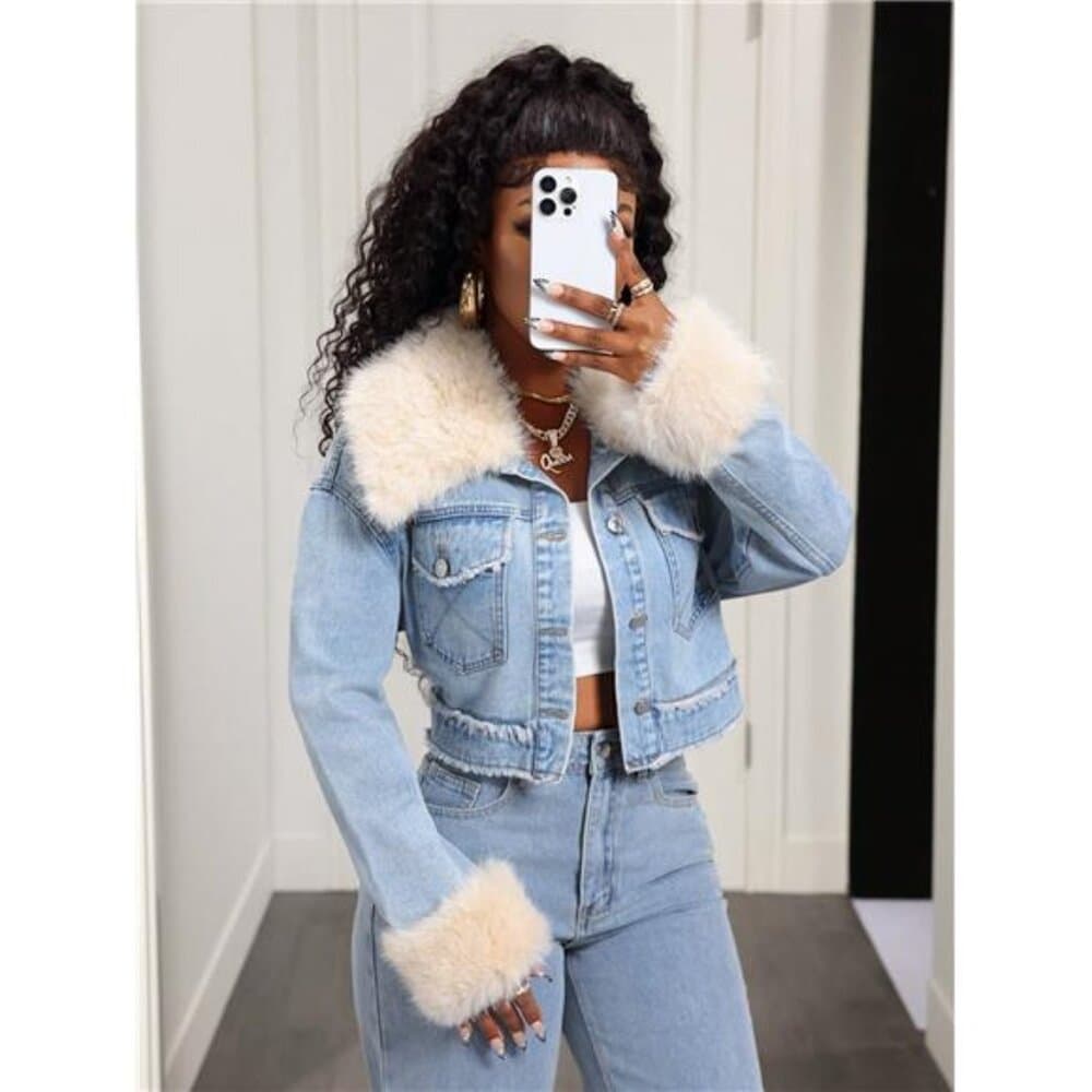 BamGleam Women's Denim Jacket With Detachable Faux Fur Patchwork, Vintage - Thumbnail 4