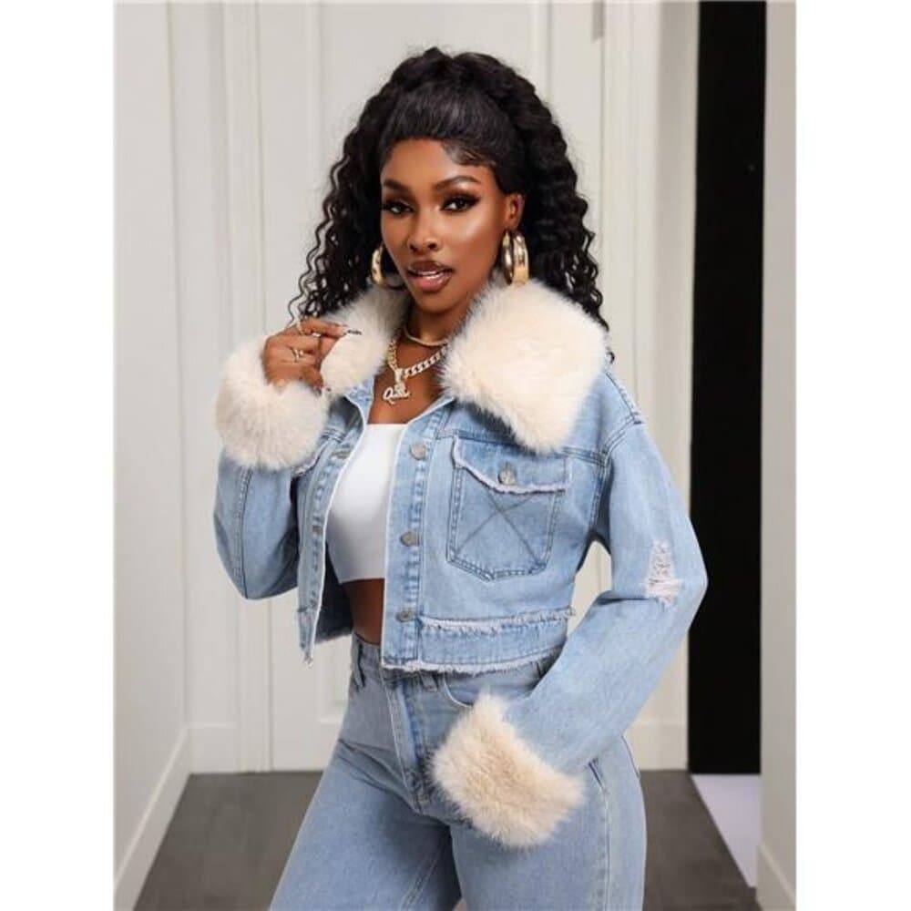 BamGleam Women's Denim Jacket With Detachable Faux Fur Patchwork, Vintage - Thumbnail 8