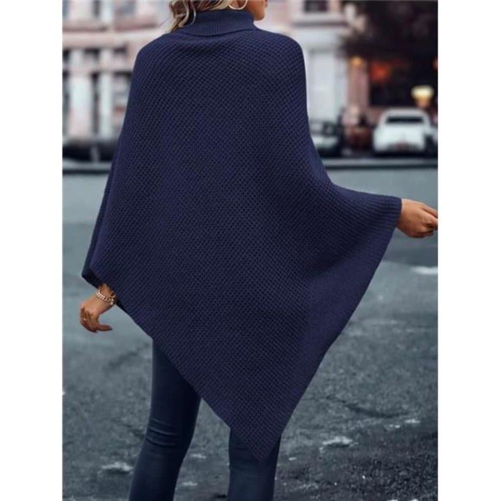 Turtleneck Batwing Sleeve Button Detail Asymmetrical Hem Knit Poncho - Thumbnail 5