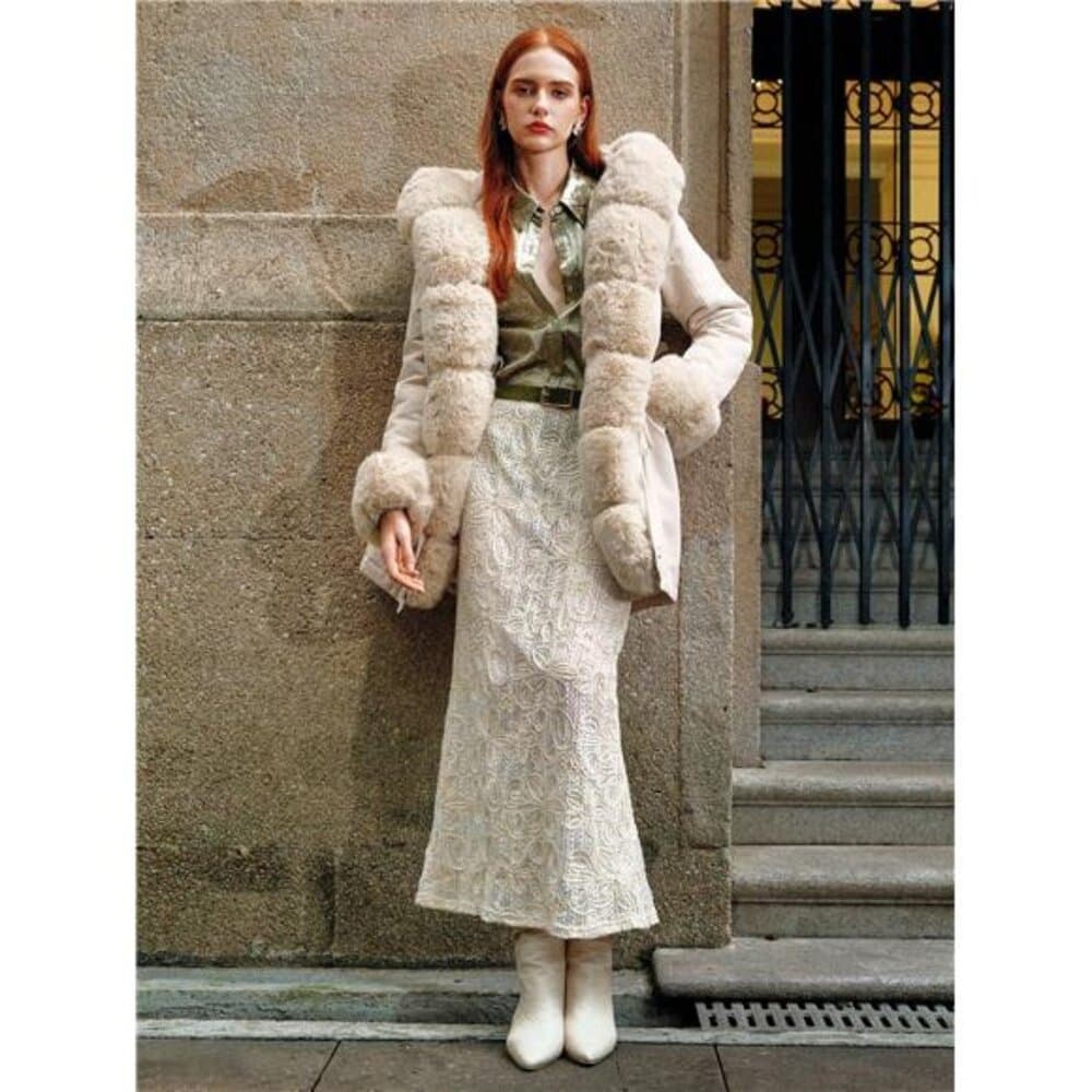 Thick Long Fluffy Fur Collar Quilted Women Jacket - Thumbnail 3