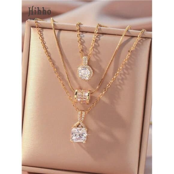 Hihho 3pcs Geometric Shape Necklace Set With Inlay, Creative Pendant Design, - Thumbnail 6