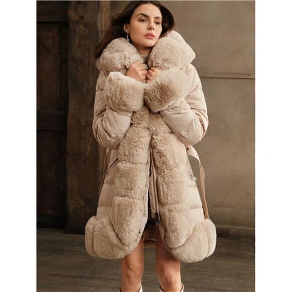 Thick Long Fluffy Fur Collar Quilted Women Jacket - Thumbnail 9