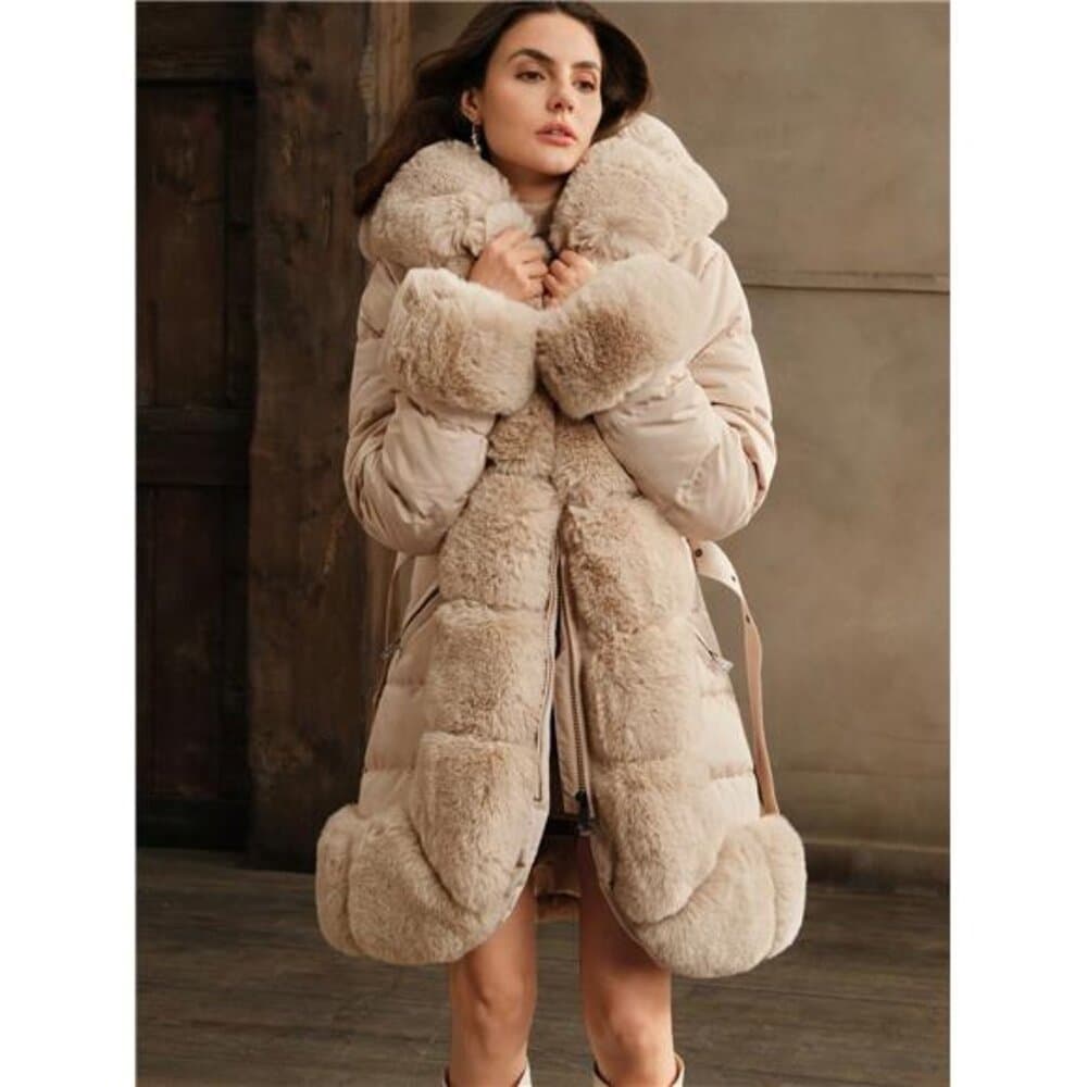 Thick Long Fluffy Fur Collar Quilted Women Jacket - Thumbnail 8