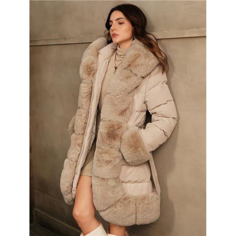Thick Long Fluffy Fur Collar Quilted Women Jacket - Thumbnail 5