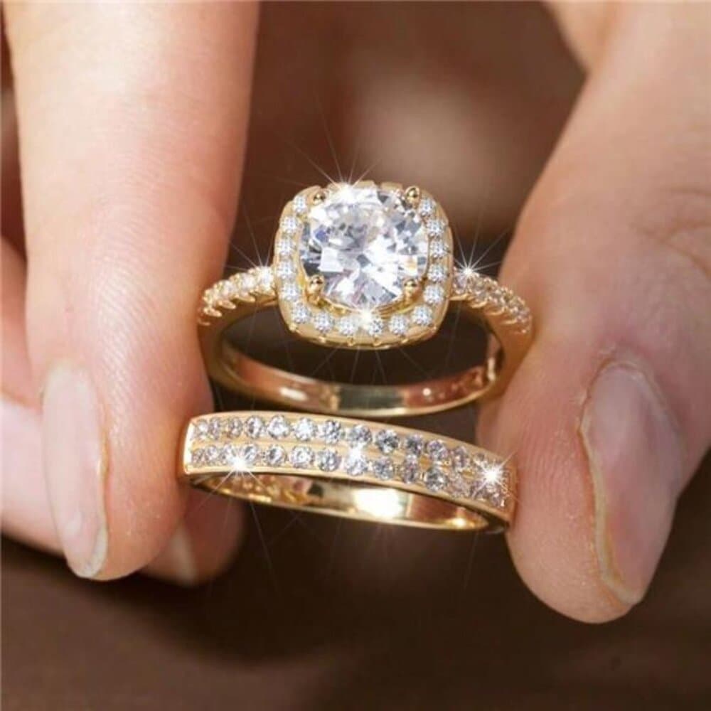2pcs/Set Women's Luxury Shiny Gold Alloy Zirconia Decorated Engagement Ring - Thumbnail 8