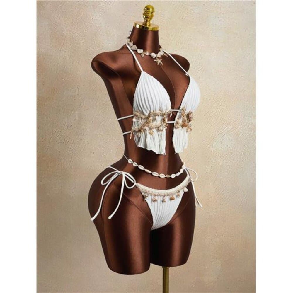 2 Pieces Wavy Striped Shell Tape Splice Tie Neck Bikini Set, - Thumbnail 3