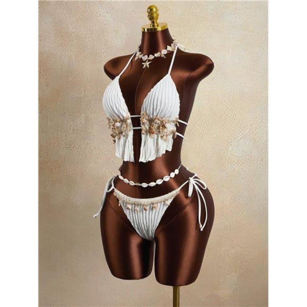 2 Pieces Wavy Striped Shell Tape Splice Tie Neck Bikini Set, - Thumbnail 2
