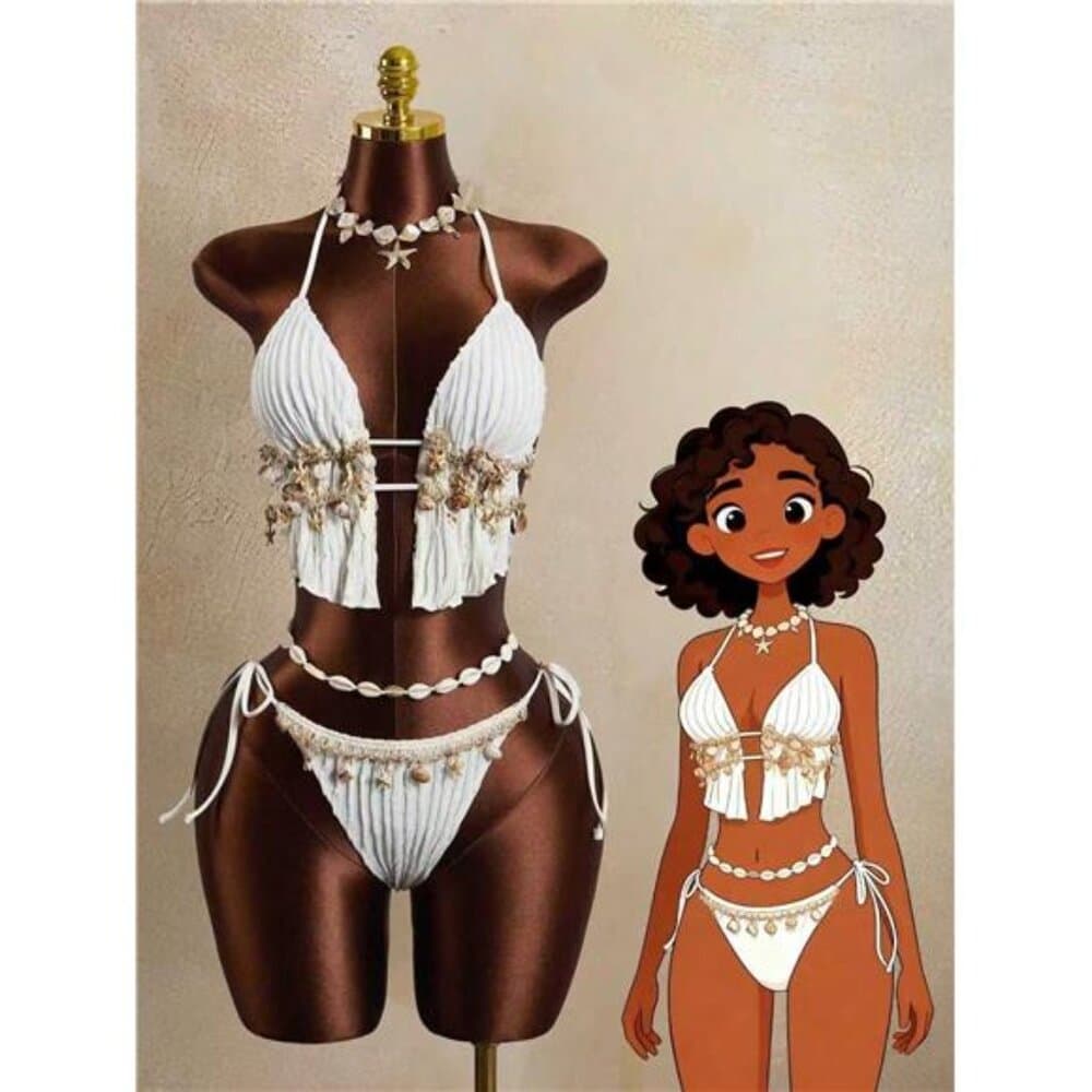 2 Pieces Wavy Striped Shell Tape Splice Tie Neck Bikini Set, - Thumbnail 6