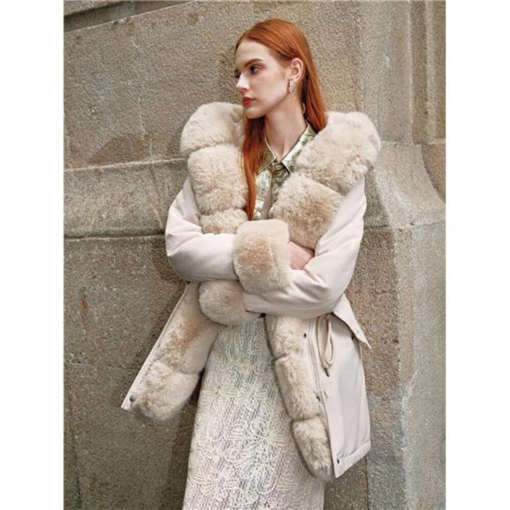 Thick Long Fluffy Fur Collar Quilted Women Jacket - Thumbnail 2