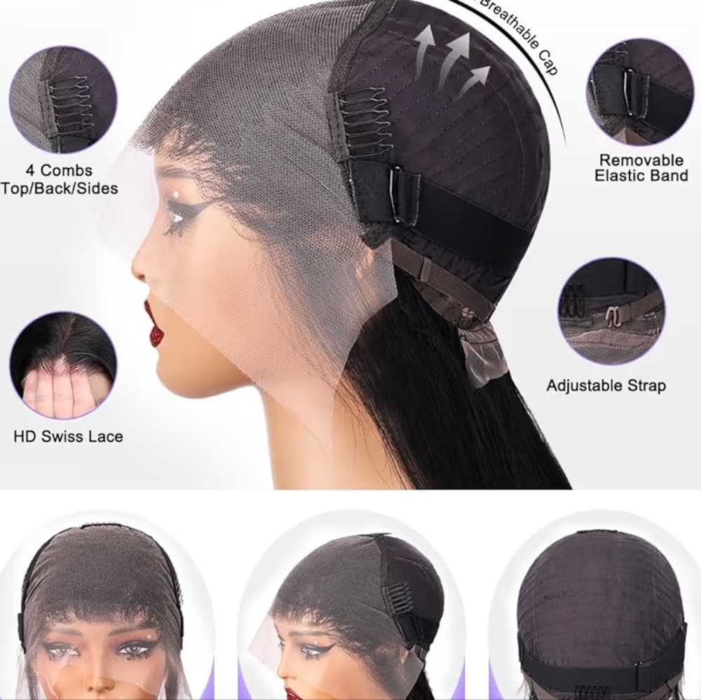 HD Black Straight Human Hair Full Wig - Thumbnail 5
