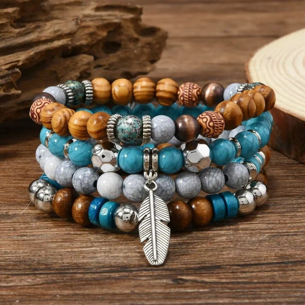 Bohemia Vintage Multi Layer Beaded Bracelets For Men Turquoise Ethnic Nature - Thumbnail 6