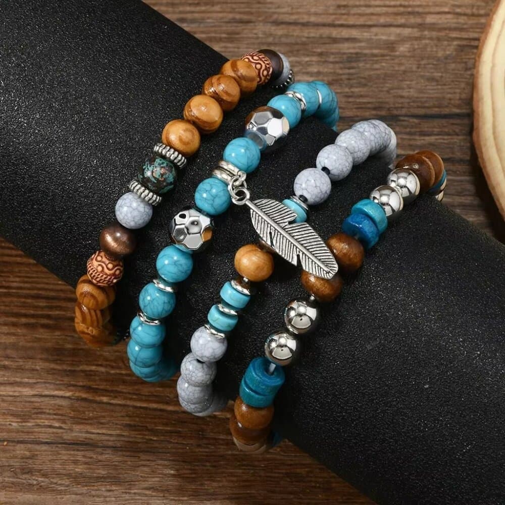 Bohemia Vintage Multi Layer Beaded Bracelets For Men Turquoise Ethnic Nature - Thumbnail 3