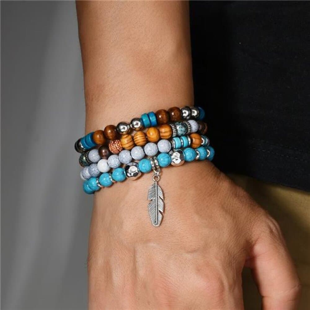 Bohemia Vintage Multi Layer Beaded Bracelets For Men Turquoise Ethnic Nature - Thumbnail 4