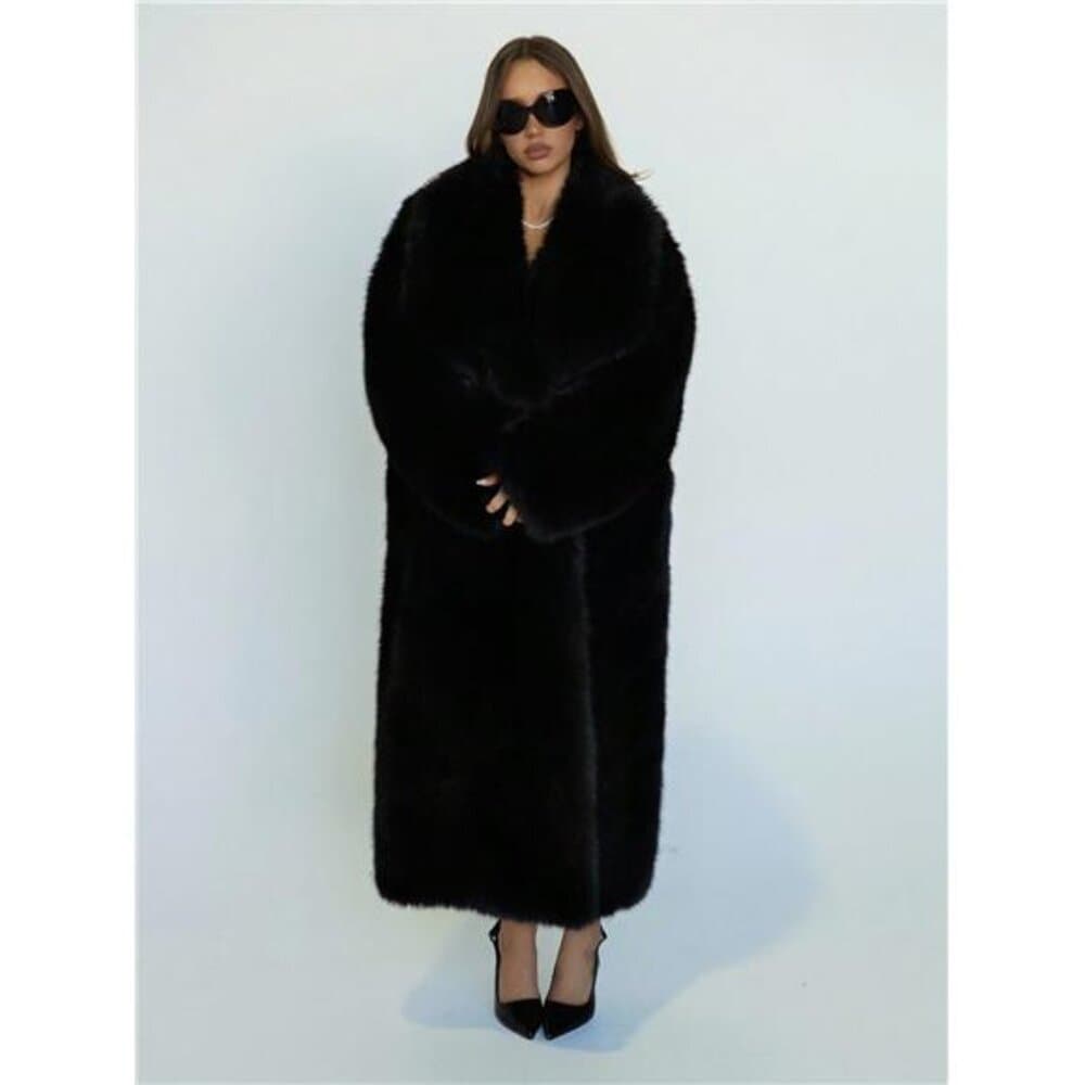 Women's Solid Color Faux Fur Collar Long Sleeve Loose Long Coat, - Thumbnail 2