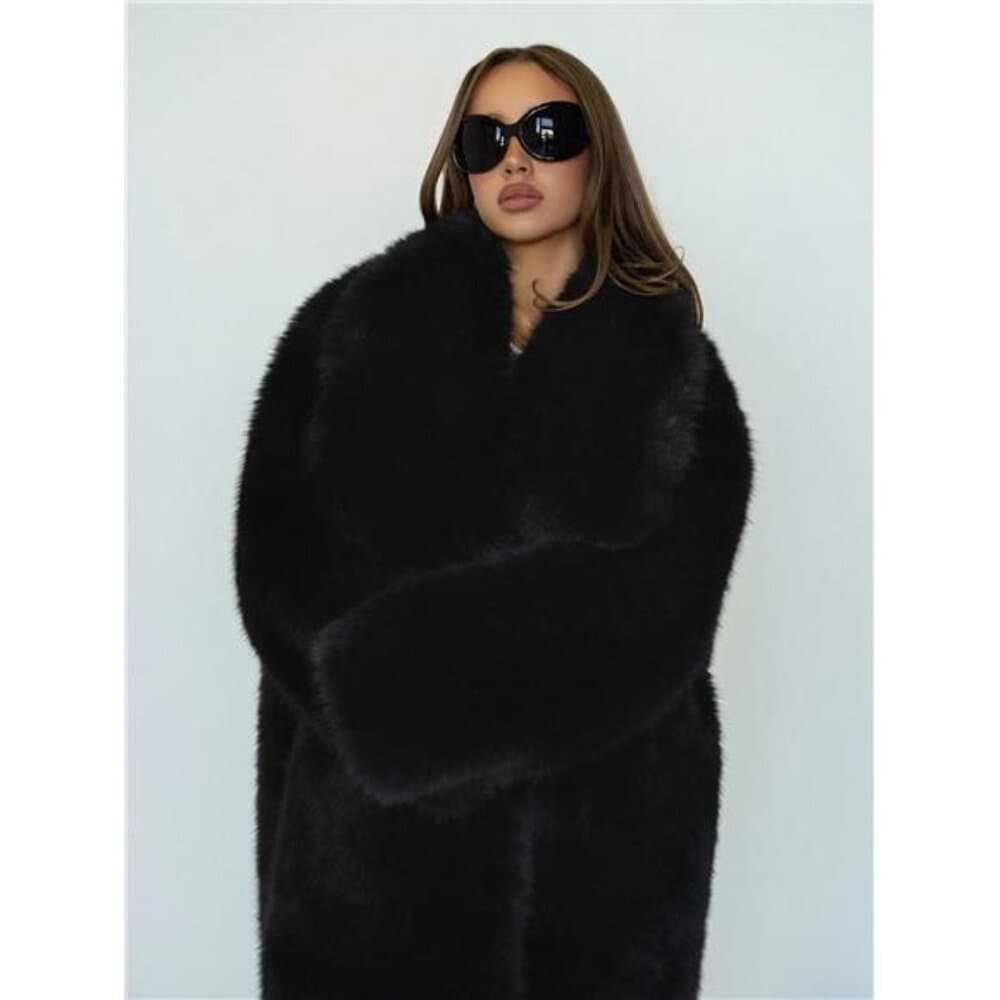 Women's Solid Color Faux Fur Collar Long Sleeve Loose Long Coat, - Thumbnail 3
