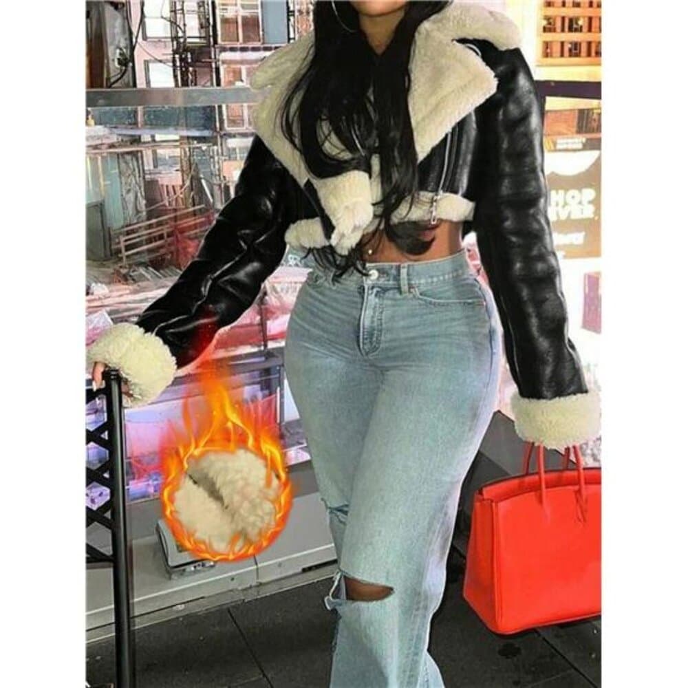 Street Lapel Zip Up Rollable Cuff Teddy Lined PU Leather Crop Moto Jacket Coat - Thumbnail 10