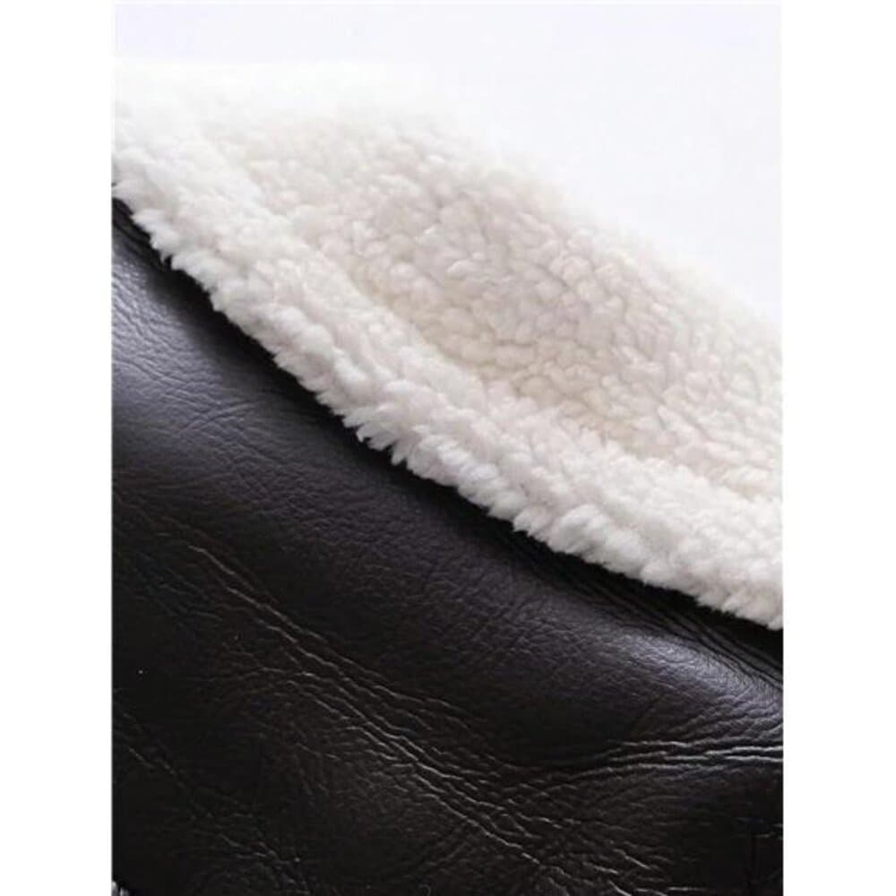 Street Lapel Zip Up Rollable Cuff Teddy Lined PU Leather Crop Moto Jacket Coat - Thumbnail 8