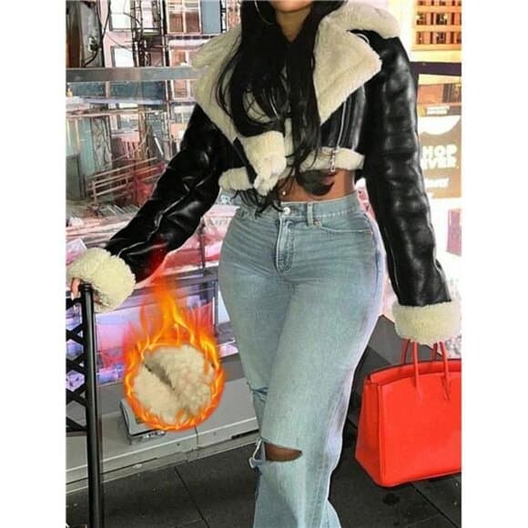 Street Lapel Zip Up Rollable Cuff Teddy Lined PU Leather Crop Moto Jacket Coat - Thumbnail 11