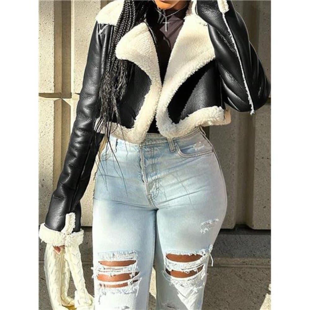 Street Lapel Zip Up Rollable Cuff Teddy Lined PU Leather Crop Moto Jacket Coat - Thumbnail 4