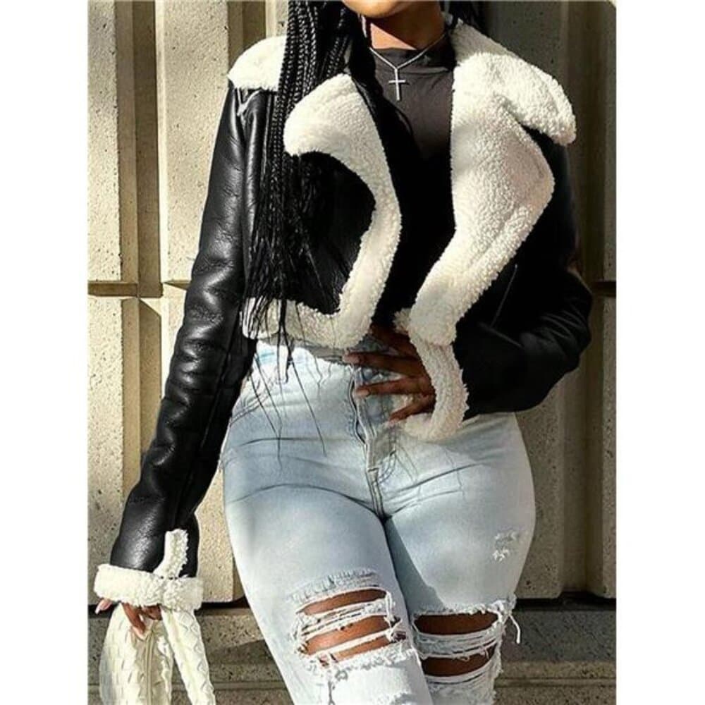 Street Lapel Zip Up Rollable Cuff Teddy Lined PU Leather Crop Moto Jacket Coat - Thumbnail 2