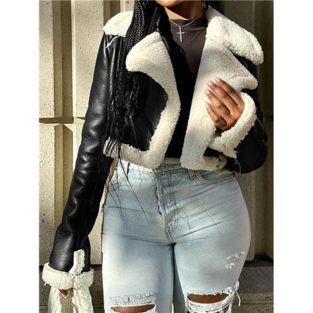 Street Lapel Zip Up Rollable Cuff Teddy Lined PU Leather Crop Moto Jacket Coat - Thumbnail 6