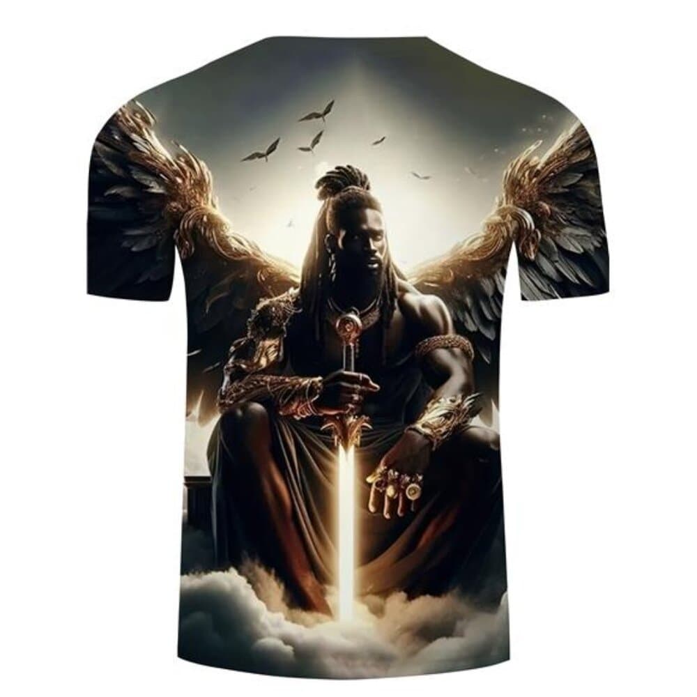 Men'S Gothic Cyberpunk Pattern T-Shirt with 3D Battle Wings and Swordsman Print - Thumbnail 4