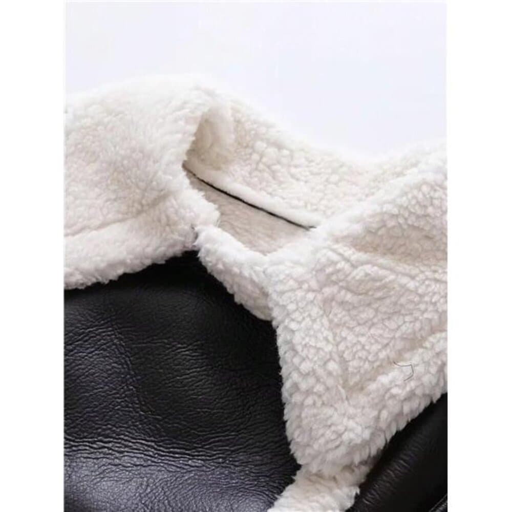 Street Lapel Zip Up Rollable Cuff Teddy Lined PU Leather Crop Moto Jacket Coat - Thumbnail 7