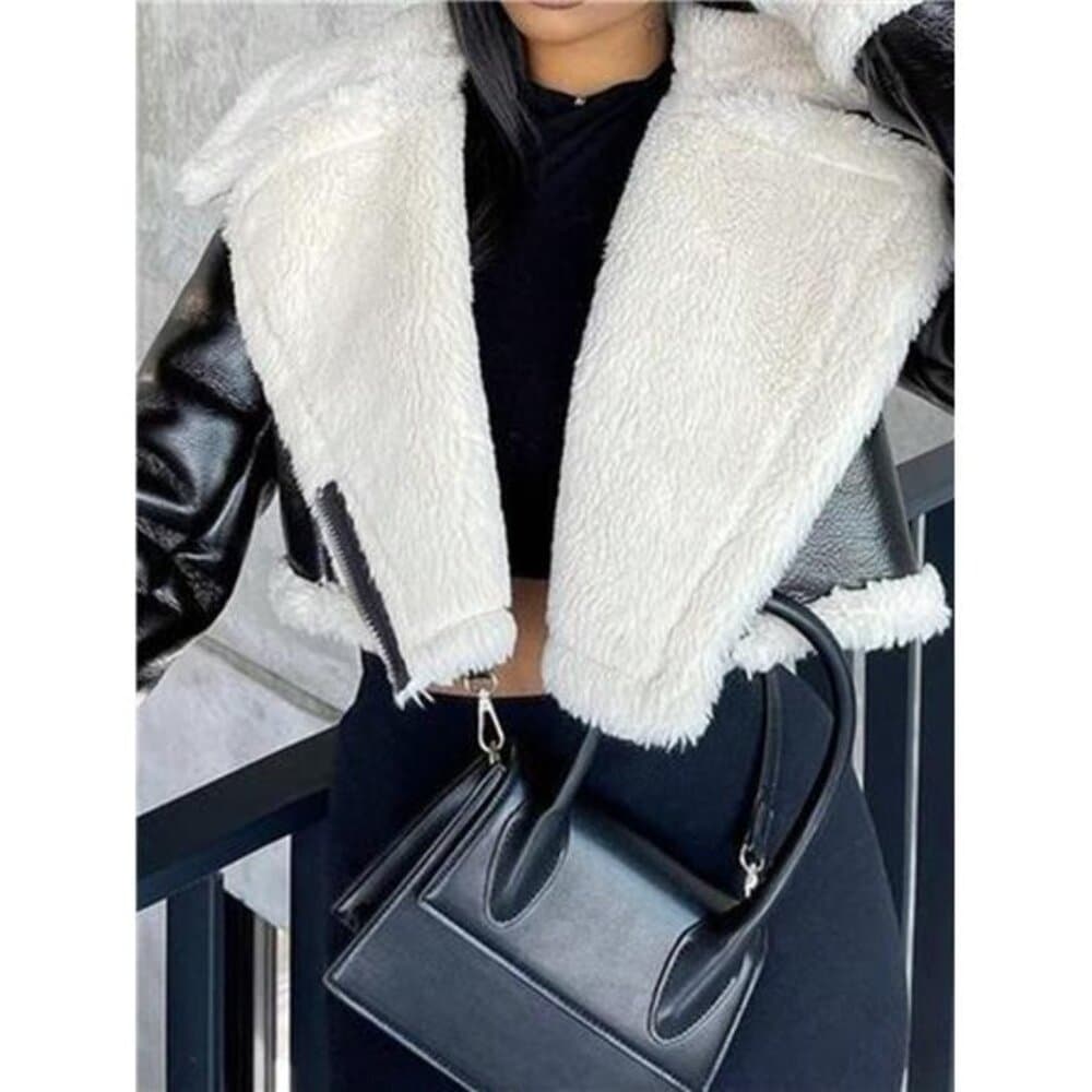 Street Lapel Zip Up Rollable Cuff Teddy Lined PU Leather Crop Moto Jacket Coat - Thumbnail 3