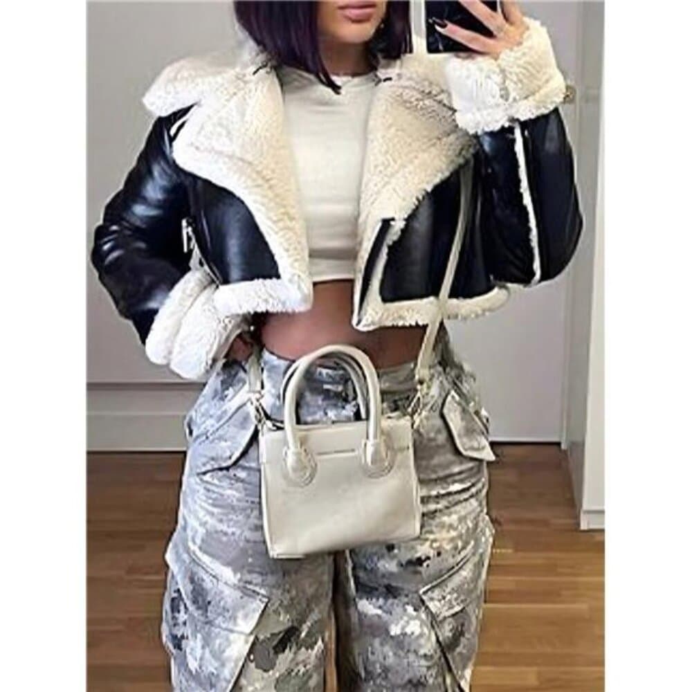 Street Lapel Zip Up Rollable Cuff Teddy Lined PU Leather Crop Moto Jacket Coat - Thumbnail 5