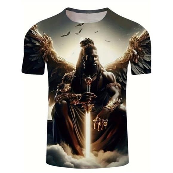 Men'S Gothic Cyberpunk Pattern T-Shirt with 3D Battle Wings and Swordsman Print - Thumbnail 7