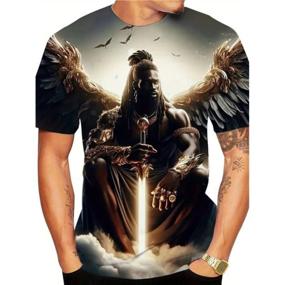 Men'S Gothic Cyberpunk Pattern T-Shirt with 3D Battle Wings and Swordsman Print - Thumbnail 2