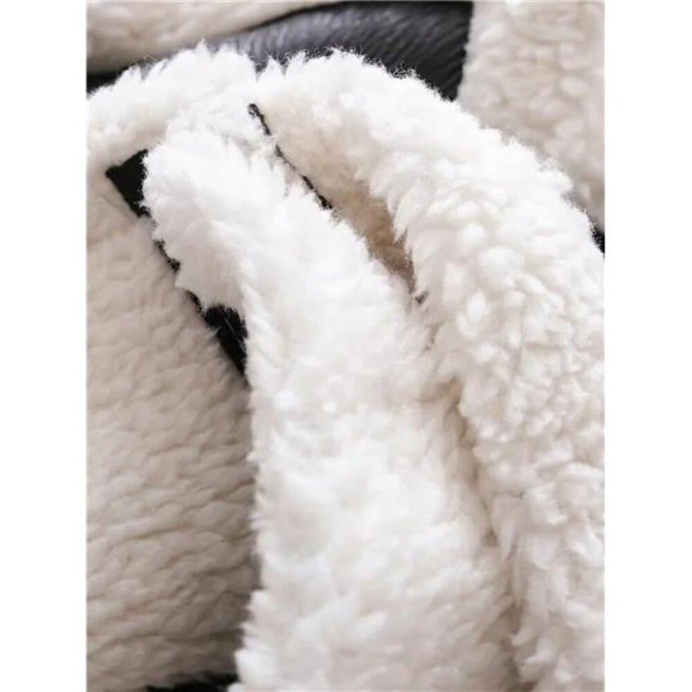 Street Lapel Zip Up Rollable Cuff Teddy Lined PU Leather Crop Moto Jacket Coat - Thumbnail 9