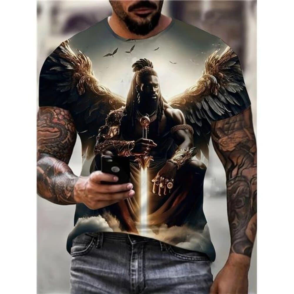 Men'S Gothic Cyberpunk Pattern T-Shirt with 3D Battle Wings and Swordsman Print - Thumbnail 3
