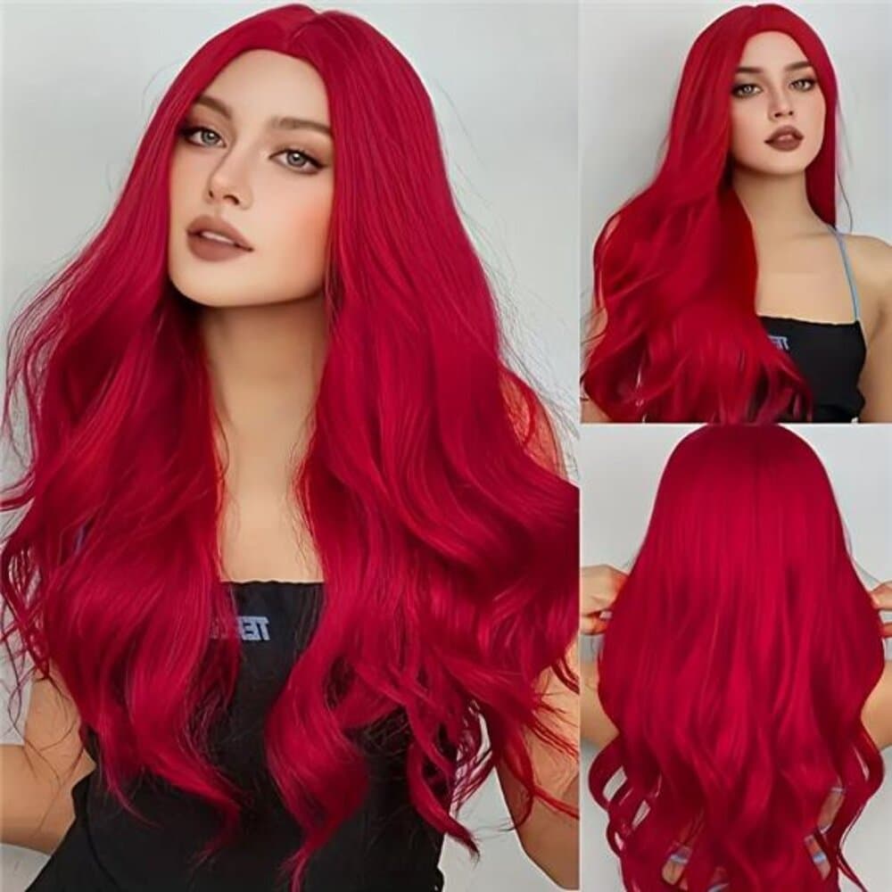 Center-parted Red Curly Wig, Mermaid Style, 22 Inches Long - Thumbnail 2