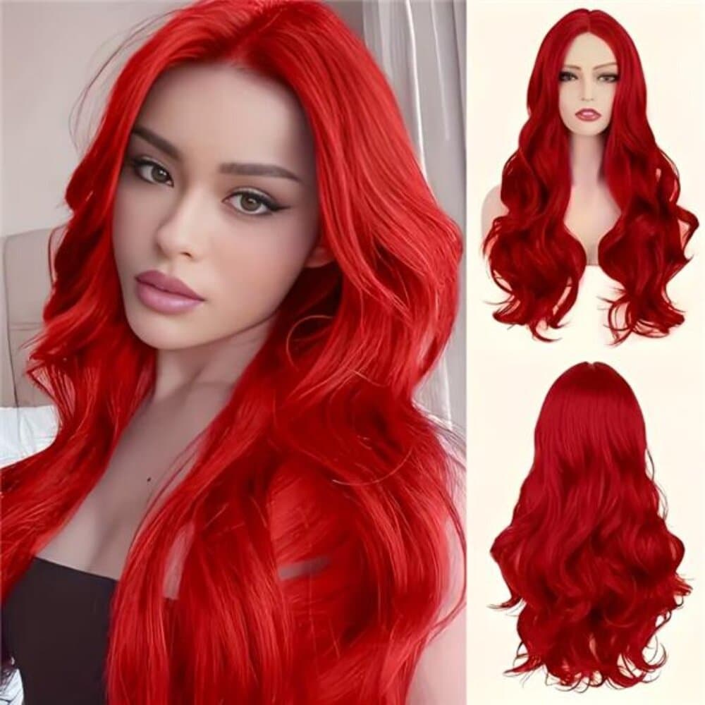 Center-parted Red Curly Wig, Mermaid Style, 22 Inches Long - Thumbnail 5