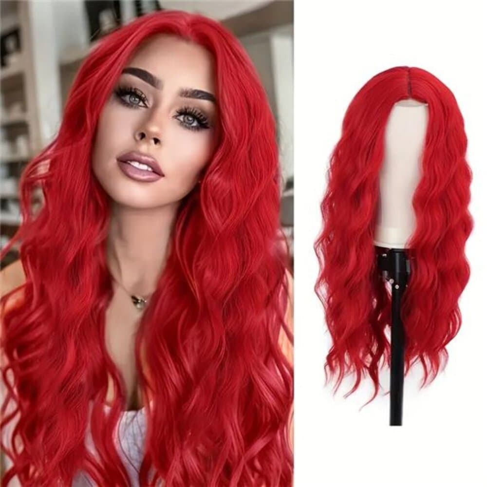 Center-parted Red Curly Wig, Mermaid Style, 22 Inches Long - Thumbnail 7