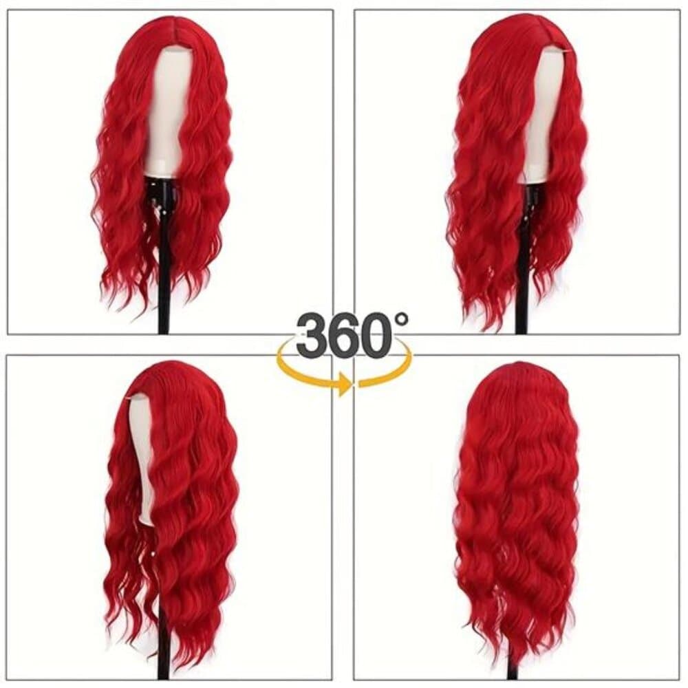 Center-parted Red Curly Wig, Mermaid Style, 22 Inches Long - Thumbnail 6