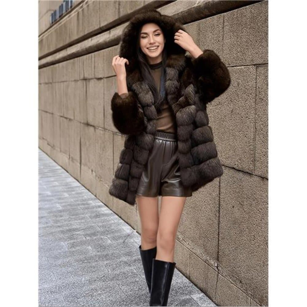 An Elegant And High-End Purple Mink Coat with a Hood And Hidden Buttons, - Thumbnail 2