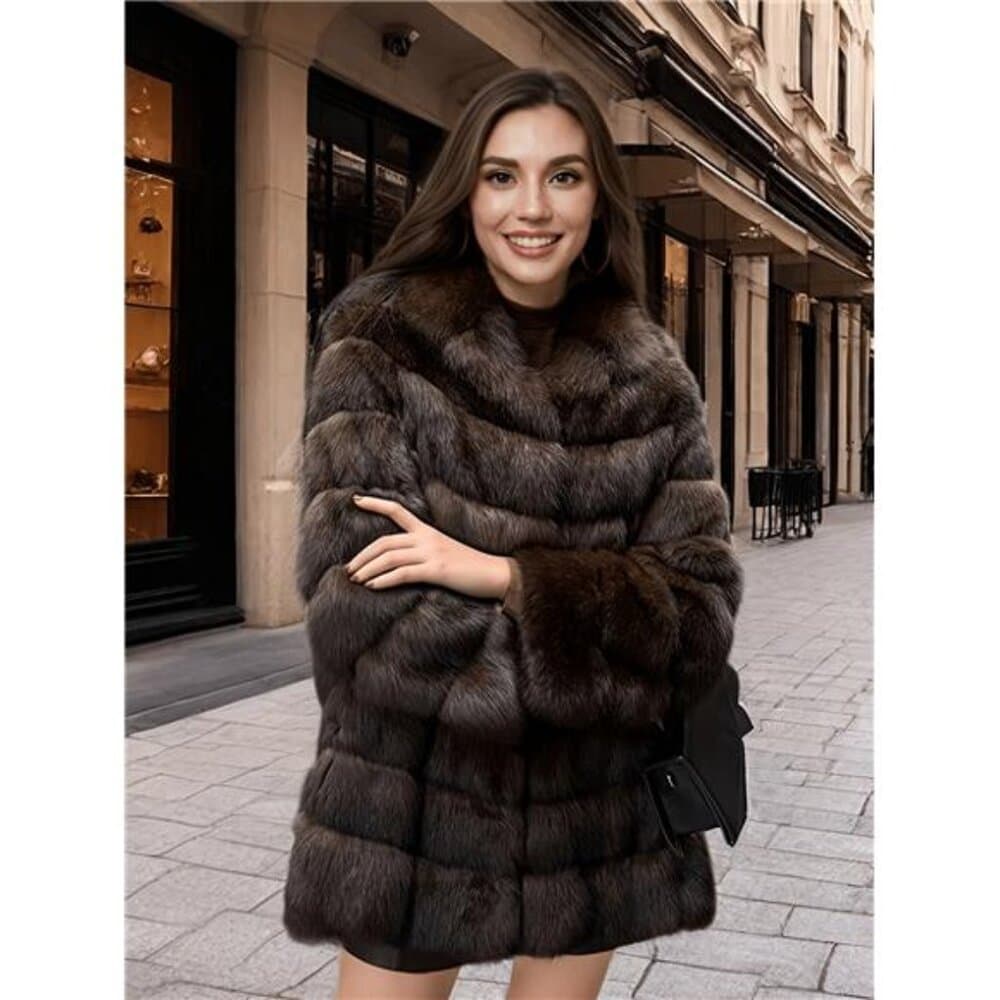 An Elegant And High-End Purple Mink Coat with a Hood And Hidden Buttons, - Thumbnail 3
