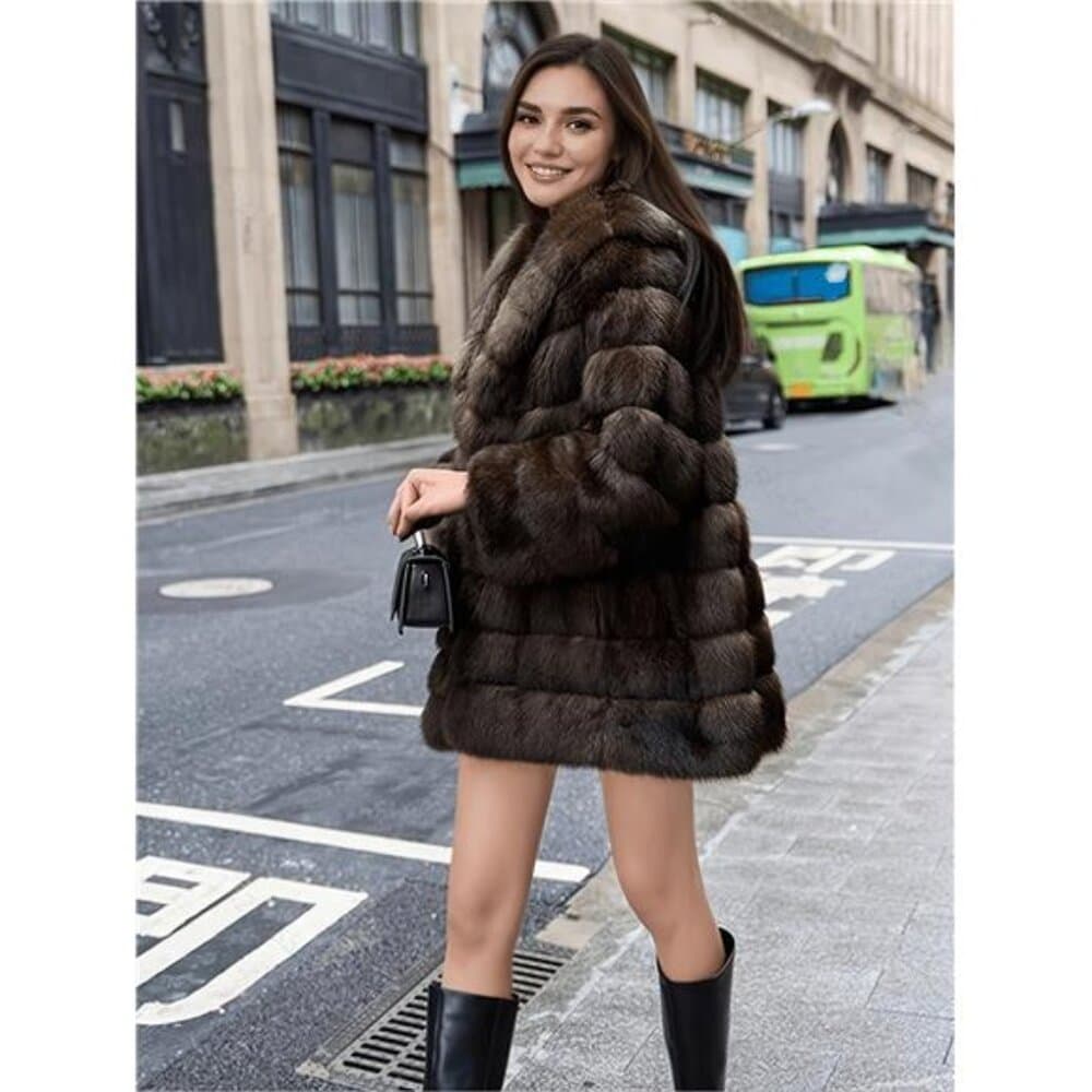 An Elegant And High-End Purple Mink Coat with a Hood And Hidden Buttons, - Thumbnail 4