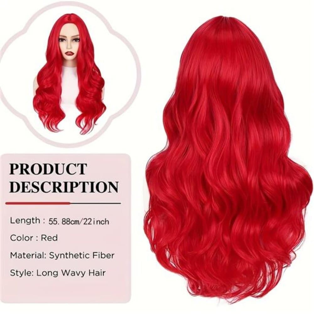 Center-parted Red Curly Wig, Mermaid Style, 22 Inches Long - Thumbnail 4